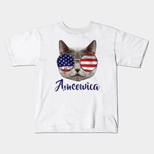 Ameowica America USA Cat Sunglasses text blue Kids T-Shirt